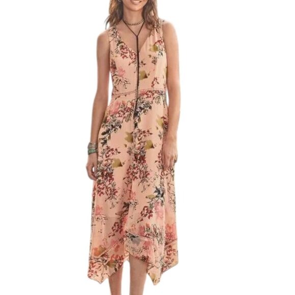Sundance Awash In Florals V Neck Sleeveless Handkerchief Hem Midi Dress - Picture 1 of 13